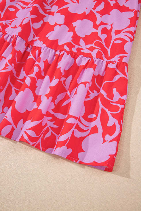Bold Floral Silhouette Print Ruffle Collar Drop Waist Mini Dress